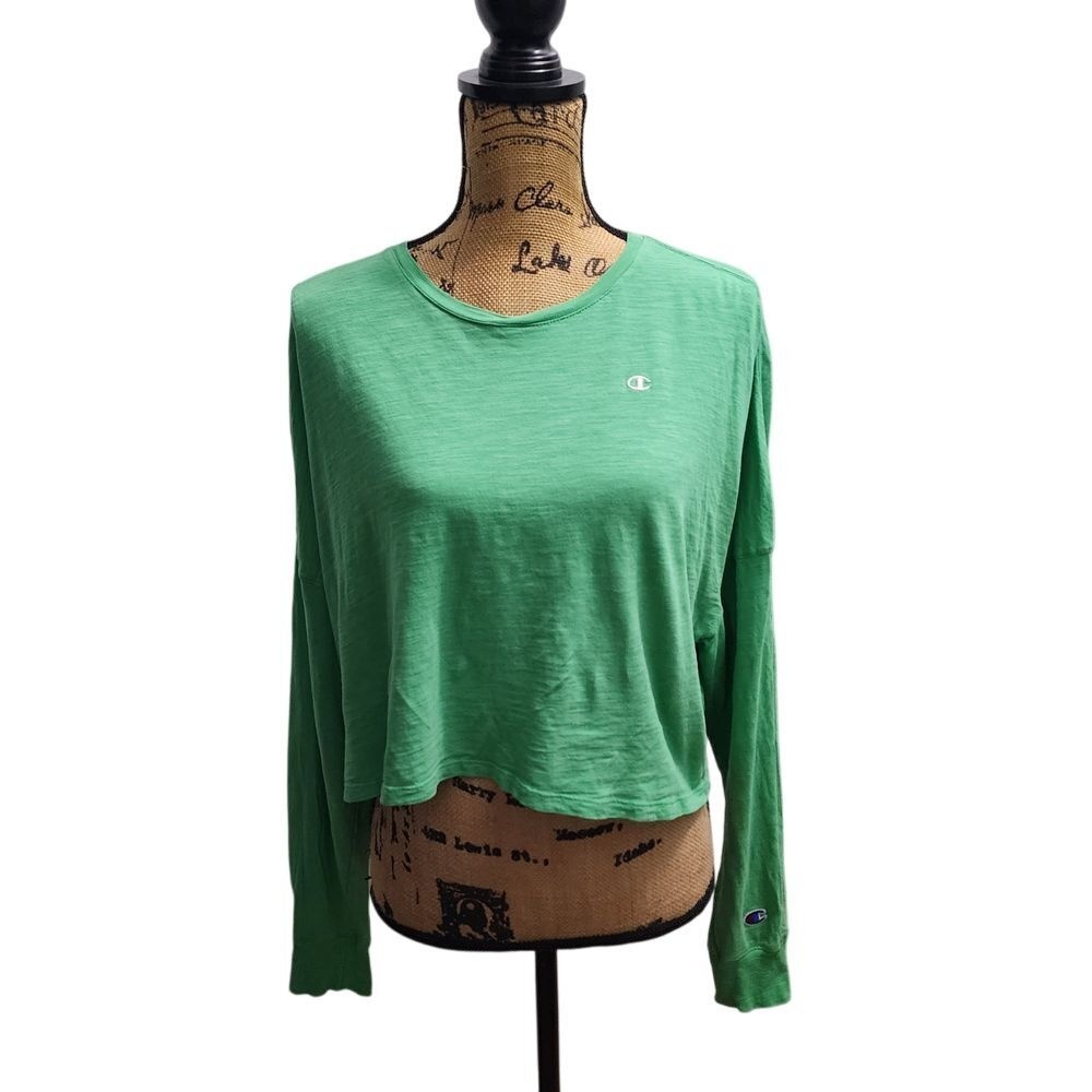 Champion‎ Green Crop Long Sleeve T-Shirt Athletic Casual Basic Cotton Small